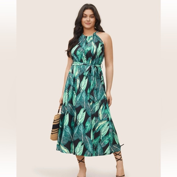 BloomChic Plus size Tropical Print Knotted Pocket Ruffles Belted Halter Dress - Picture 1 of 8